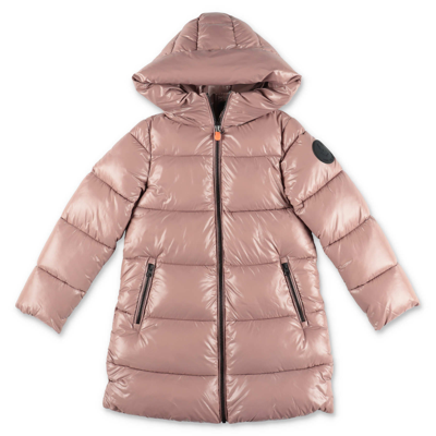 Save The Duck Kids' Pink Glossy Nylon  Long Padded Jacket With Hood In Rosa