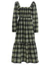 Ganni Long Sleeve Checkered Seersucker Maxi Dress In Check Elfin Yellow In Multicolor