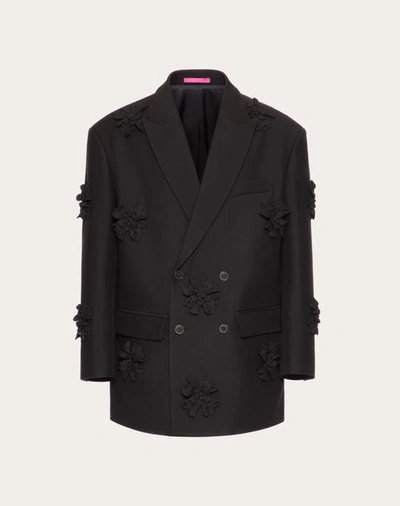 Valentino Crepe Couture Double-breasted Blazer With Floral Patchwork Embroidery In Black