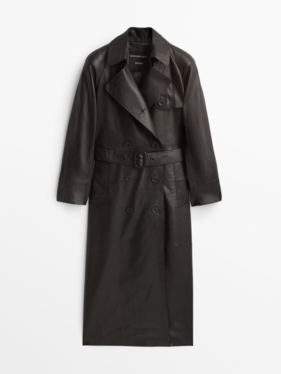 Massimo Dutti Nappa Leather Trench-style Coat With Belt - Studio In Black