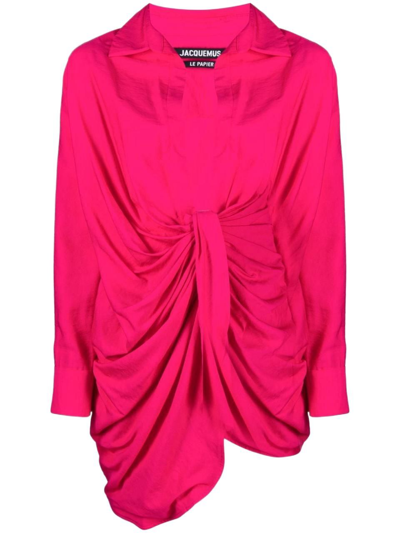 Jacquemus Bahia Knotted Twill Mini Shirt Dress In Pink