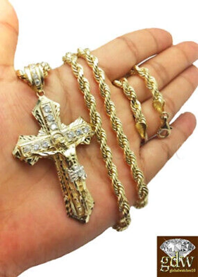 Pre-owned Globalwatches10 10k Gold Men's Jesus Crucifix Cross Pendent Charm With 24 Inch Rope Chain Real In Yellow
