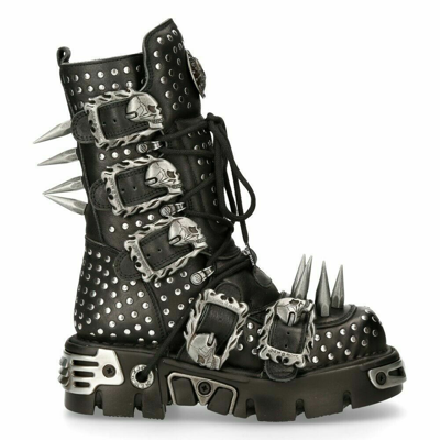 Pre-owned Rock Boots 1535-s1 Unisex Metallic Black Leather Goth Studded Spike Boot