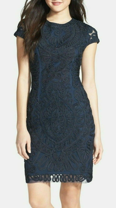 Pre-owned Js Collections Soutache Ribbon Lace Mesh Stretch Sheath Dress 6121416 In Navy