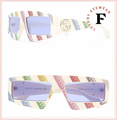 Pre-owned Gucci 0358 White Rainbow Crystal Angular Mask Sunglasses Gg0358s 005 Authentic In Purple