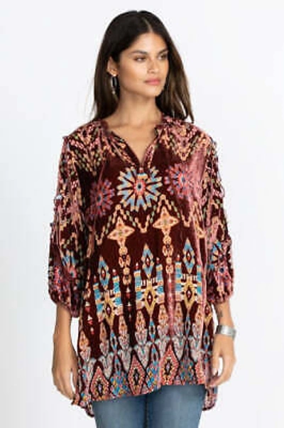 Pre-owned Johnny Was Geo Burnout Mali Tunic Top Shirt Burgundy Tribal Velvet In Red