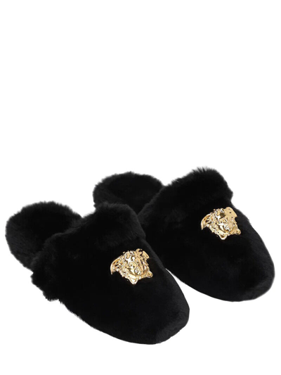 Pre-owned Versace Black Medusa Fur Slippers