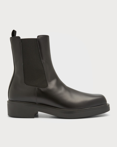 Prada Men's Brushed Leather Chelsea Boots In Nero