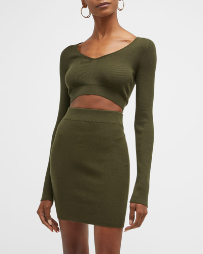 Tom Ford Long-sleeve Cashmere-silk Rib Crop Top In Military G