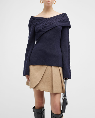 Adeam Manuscript Crossover Off-the-shoulder Cable-knit Top In Midnight Blue