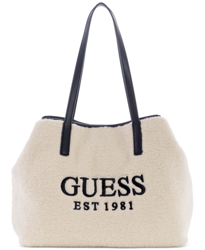 Guess Faux Fur Medium Embroidered Logo Vikky Tote In Natural