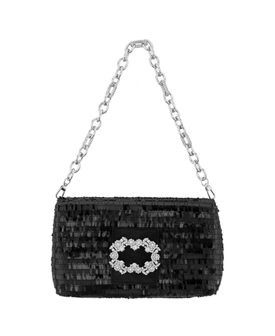 Nina Women's Fringe Sequin Baguette Bag With Crystal Buckle Handbag In Black