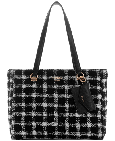 Guess Tweed Fantine Tote In Black/white