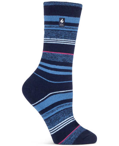 Heat Holders Women's Ultra Lite Heather Stripe Crew Socks In Navy