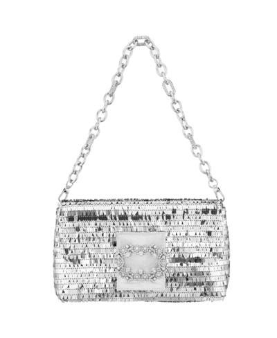 Nina Women's Fringe Sequin Baguette Bag With Crystal Buckle Handbag In Silver-tone