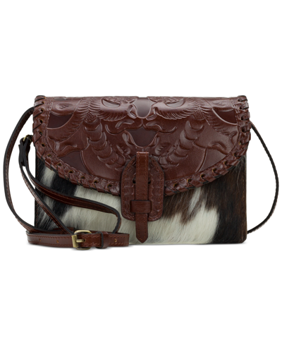 Patricia Nash Lanza Tooled Leather & Cow Hair Crossbody In British Tan