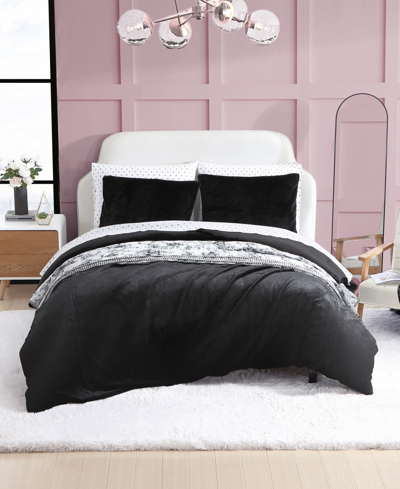 Betsey Johnson Solid Faux Fur 3 Piece Duvet Cover Set, Full/queen Bedding In Black