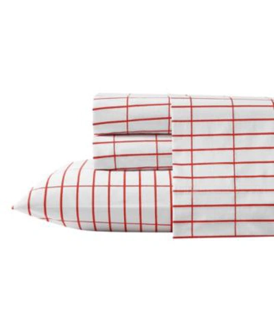 Marimekko Pieni Tiiliskivi Cotton Percale 4 Piece Sheet Set, Queen Bedding In Red And White