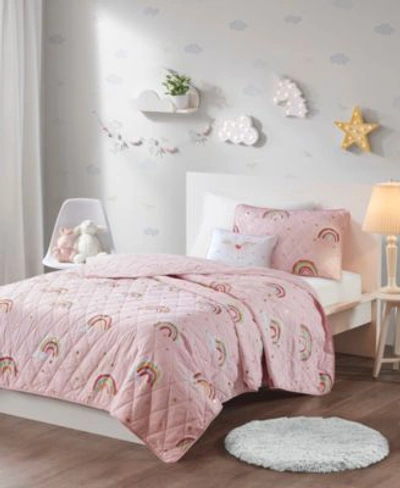 Mi Zone Kids Alicia Rainbow With Metallic Printed Stars Reversible Coverlet Sets Bedding In Pink