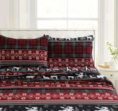 Tribeca Living Holiday Print Heavyweight Flannel Extra Deep Pocket Sheet Set Bedding In Gingham Deer