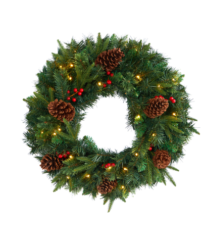Nearly Natural Mixed Pine Artificial Christmas Wreath With Lights And Berries, 24" In Green