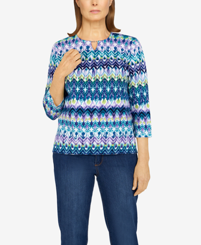 Alfred Dunner Petite Size Classics Biadere Print Sweater In Navy Multi