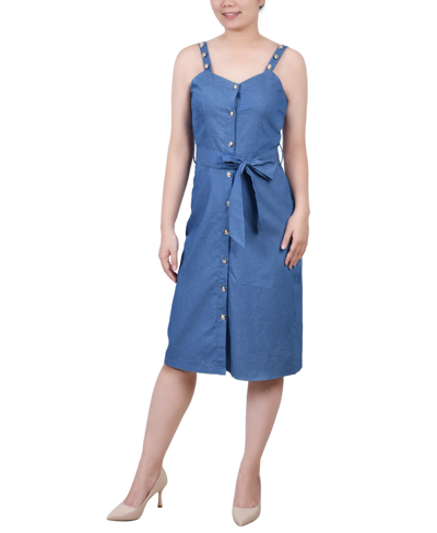 Ny Collection Petites Womens Cotton Knee-length Shirtdress In Med Denim
