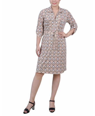 Ny Collection Petite Belted Roll Tab Zip Front Shirtdress In Moonlight Diamonds