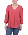 NY COLLECTION PETITE V-NECK BLOUSE WITH 3/4 JACQUARD CHIFFON SLEEVES