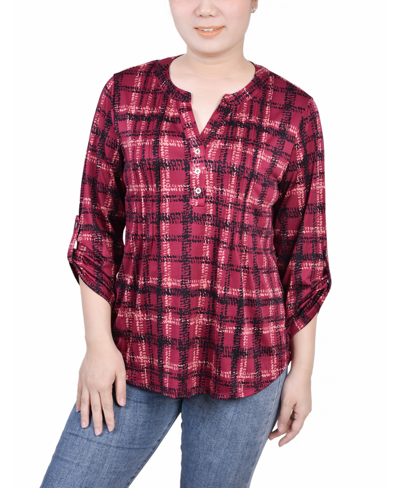 Ny Collection Plus Size 3/4 Roll Tab Sleeve Y Neck Top In Ashes Rose Plaid