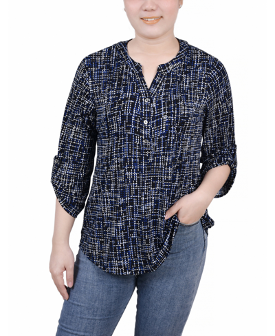 Ny Collection Women's 3/4 Roll Tab Sleeve Y-neck Top In Black Royal Abst Line