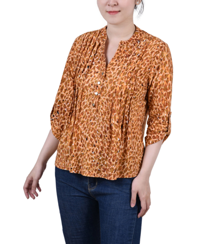 Ny Collection Petite 3/4 Roll Tab Sleeve Printed Pintuck Top In Brown Leopard