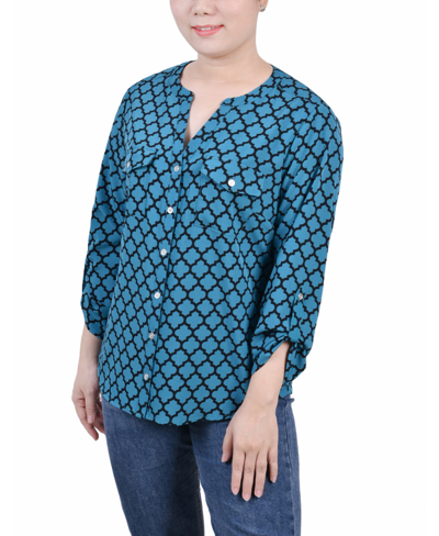 Ny Collection Petite 3/4 Sleeve Roll Tab Y Neck Blouse In Parasailing Black Quatrefoil