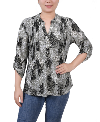 Ny Collection Plus Size 3/4 Sleeve Overlapped Bell Sleeve Y-neck Top In Gray