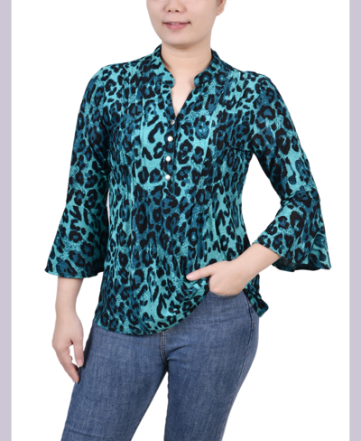 Ny Collection Petite 3/4 Bell Sleeve Printed Pleat Front Y-neck Top In Dark Teal Skin