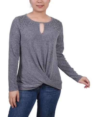 Ny Collection Petite Long Sleeve Knit Keyhole Top In Charcoal