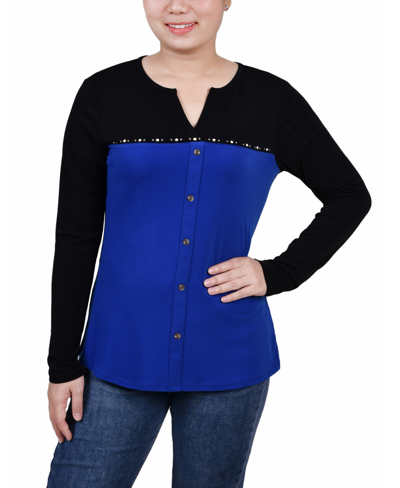 Ny Collection Petite Long Sleeve Studded Colorblocked Split Neck Top In Multi