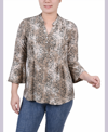 Ny Collection Petite 3/4 Bell Sleeve Printed Pleat Front Y-neck Top In Taupe Etch