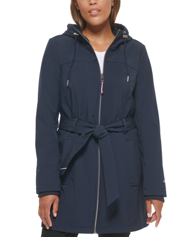 Tommy Hilfiger Petite Hooded Belted Rain Coat In Navy