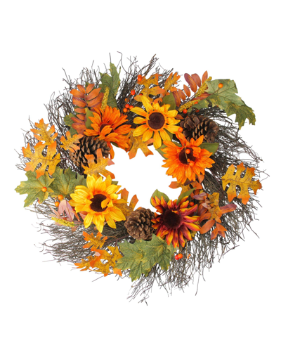 Northlight Sunflowers And Pine Cones Fall Artificial Thanksgiving Wreath Unlit, 24" In Orange