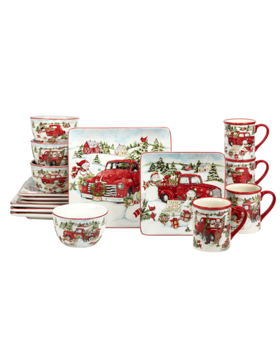 Certified International Red Truck Snowman 16 Piece Dinnerware Set In Red And White