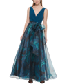 Eliza J Petite Organza-skirt Bow-waist Sleeveless Gown In Teal