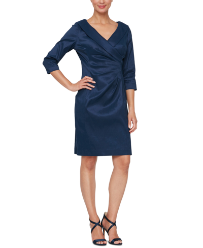 Alex Evenings Three-quarter Sleeve Taffeta Sheath Cocktail Dress In Navy