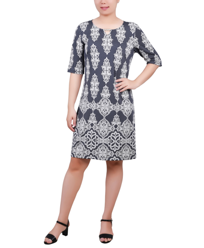 Ny Collection Petite Elbow Sleeve Knee Length Dress With Hardware In Navy