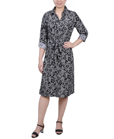 Ny Collection Petite Long Sleeve Roll Tab Shirtdress In Black Houndstooth Floral