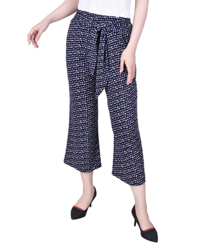Ny Collection Petite Cropped Pull On Pants With Sash In Navy-ivory Dot