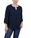 Ny Collection Petite 3/4 Roll Tab Sleeve Pintuck Top In Denim Blue