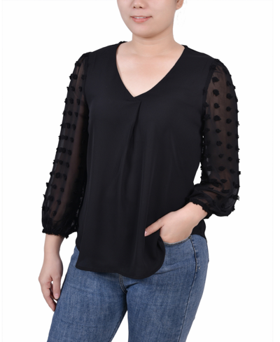 Ny Collection Petite V-neck Blouse With 3/4 Jacquard Chiffon Sleeves In Black