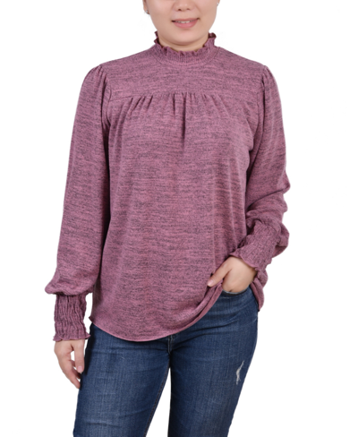 Ny Collection Petite Long Sleeve With Smocking Details Top In Mauve