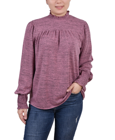 Ny Collection Petite Long Sleeve With Smocking Details Top In Purple